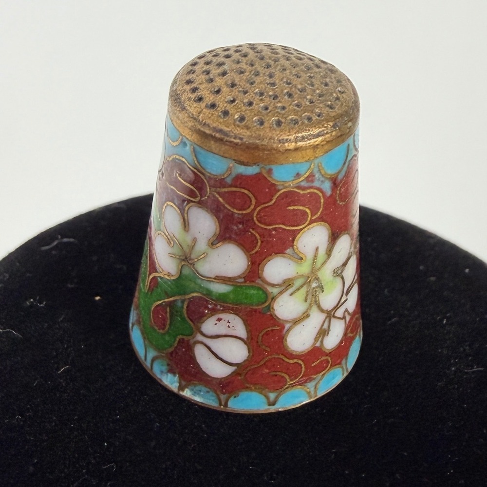 Vintage Cloisonne Enamel Thimble Floral Red Turquoise Brass Sewing Collectible